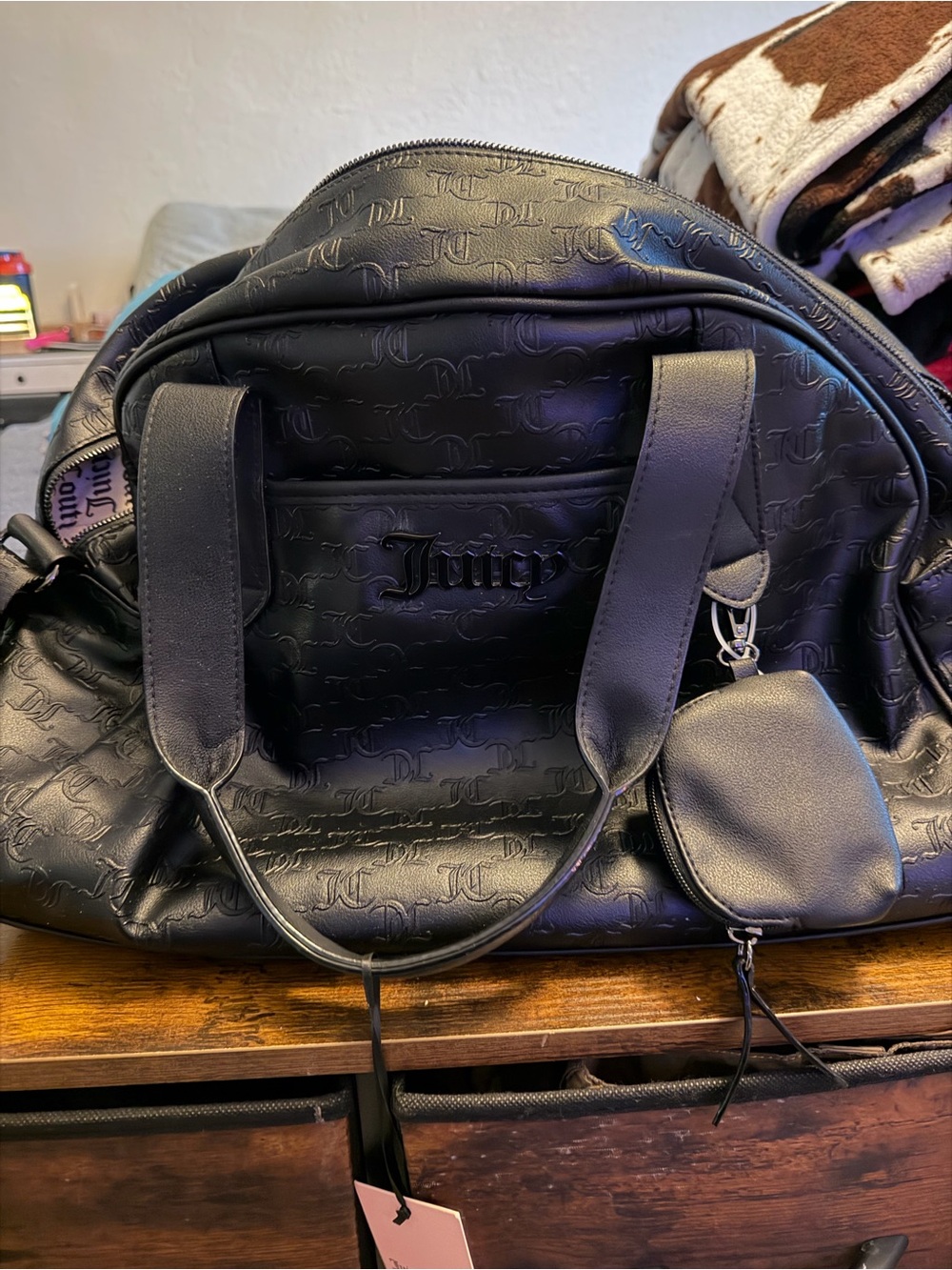 Juicy Couture Black Embossed Leather Travel Duffel